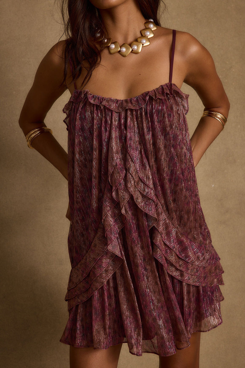 Golden Hour Raspberry Ruffle Mini Dress styled in a complete look from an alternate angle.