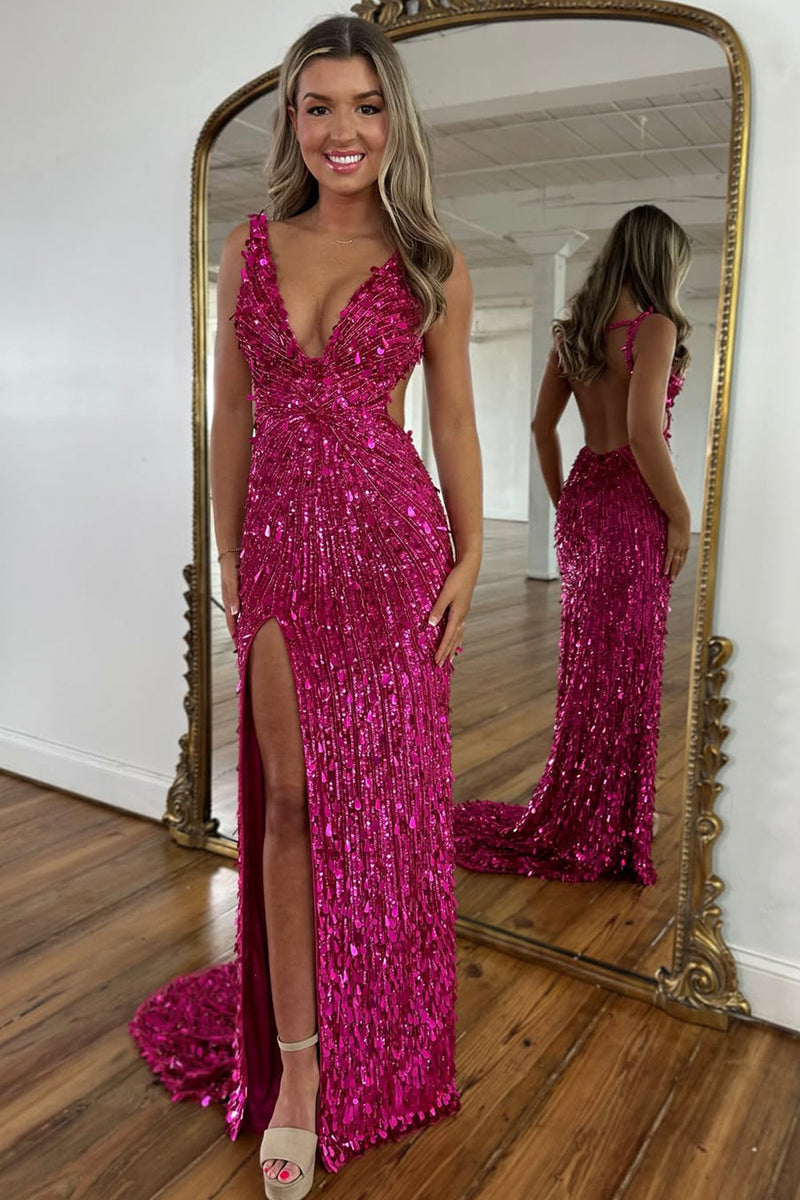 Gorgeous Mermaid V Neck Champagne Sequins Long Prom Dresses with Slit