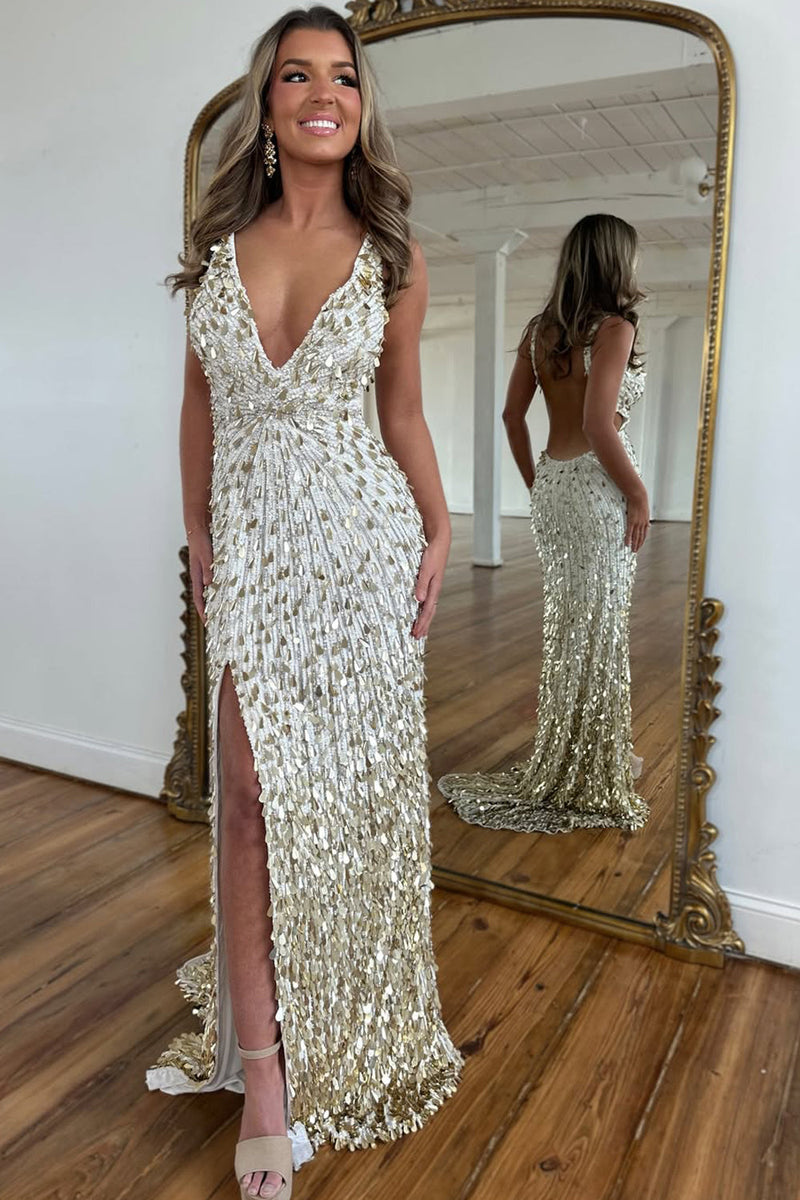 Gorgeous Sheath V Neck White Sequins Long Prom Dresses with Beading