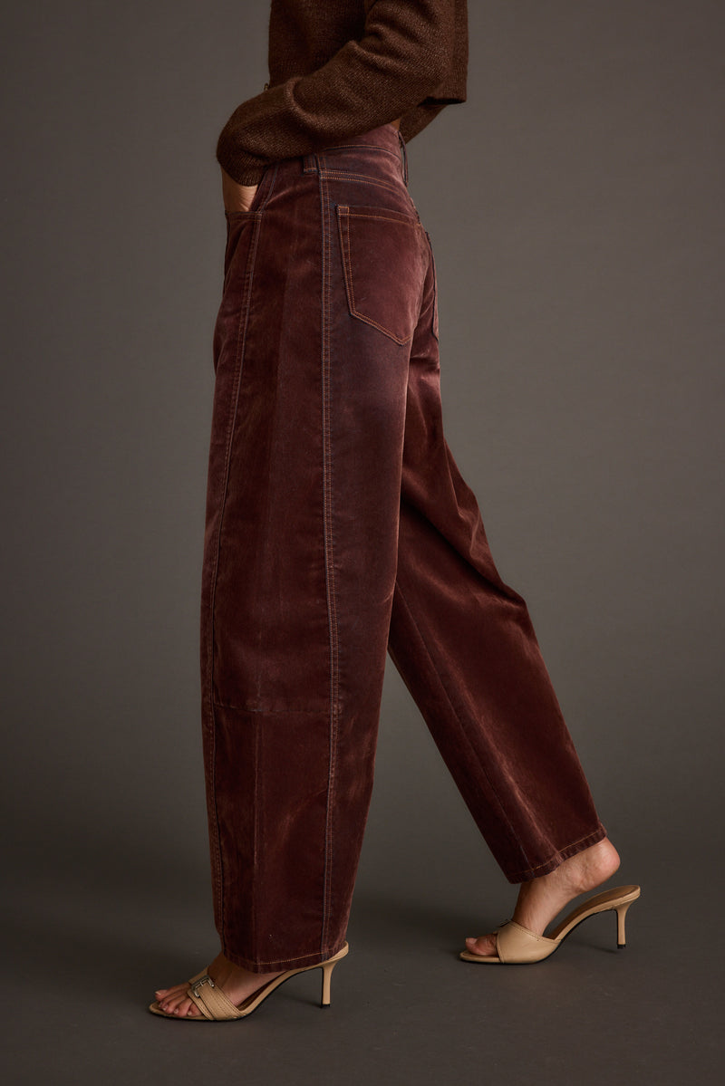 Additional view of the Gracyn Mulberry Velveteen Barrel Pants from a different perspective.