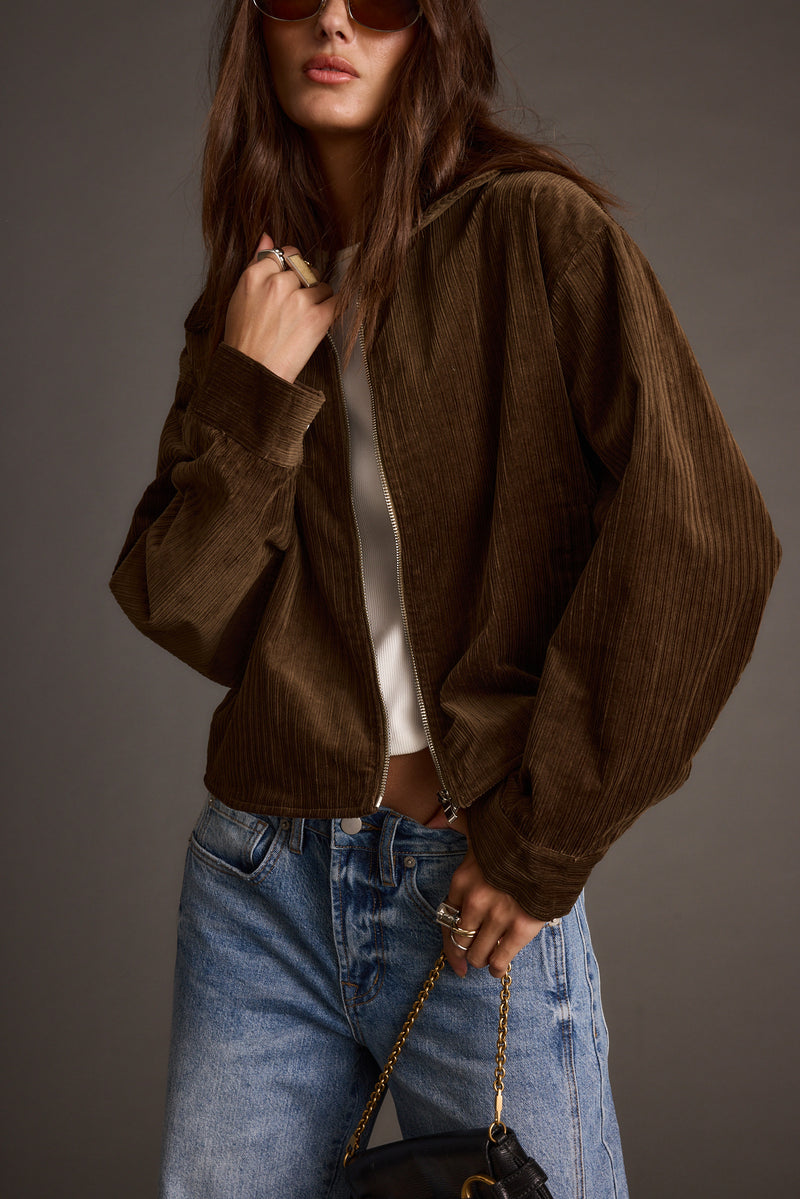 Mocha corduroy jacket with refined detailing and a flattering silhouette.