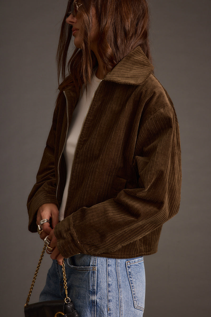 Close-up of the Gramercy Mocha Corduroy Jacket showcasing the corduroy texture and craftsmanship.