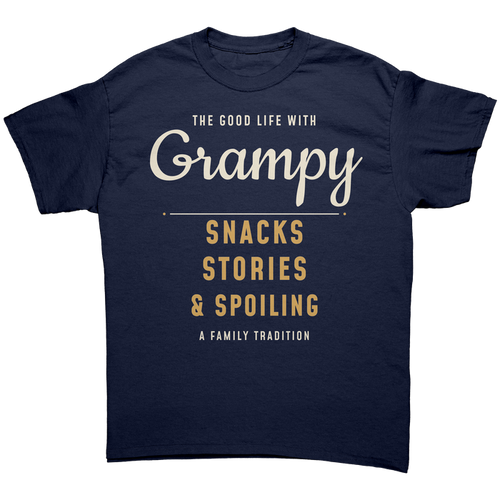 Navy Grampy T-shirt with cream script and gold “Snacks, Stories & Spoiling” lettering on the front