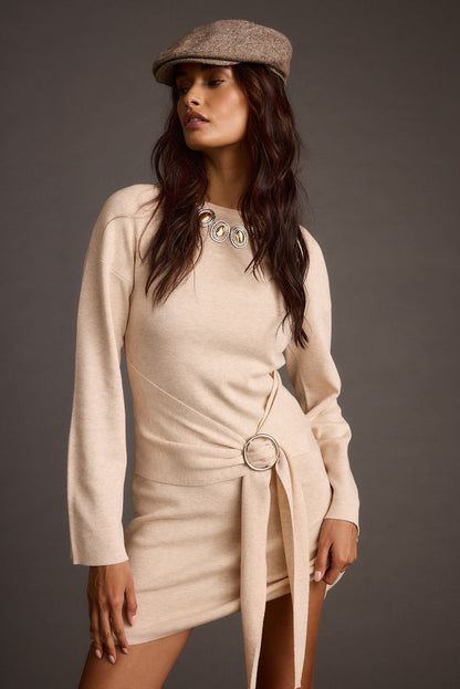 Grayden Cream Belted Mini Dress styled in a complete look from an alternate angle.