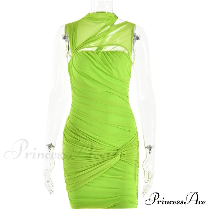 Green Mesh Ruched Neck Cut Trendy Out Design Bodycon Mini Dress / L