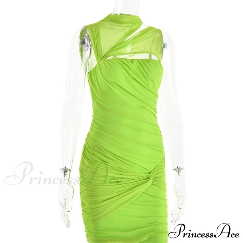 Green Mesh Ruched Neck Cut Trendy Out Design Bodycon Mini Dress