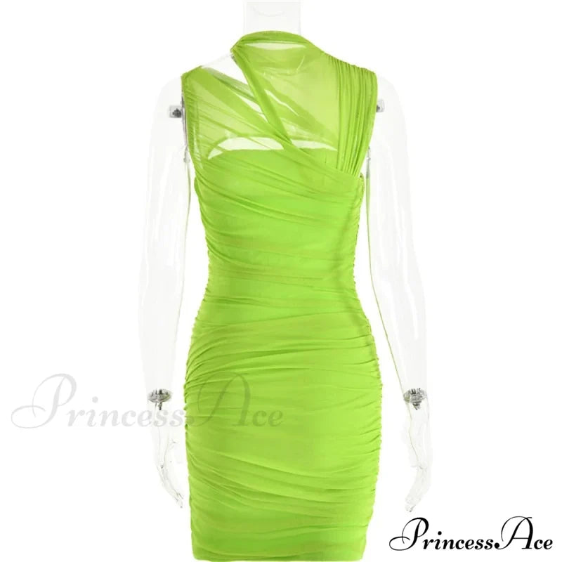 Green Mesh Ruched Neck Cut Trendy Out Design Bodycon Mini Dress