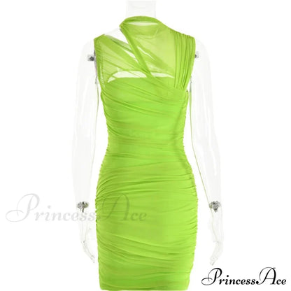 Green Mesh Ruched Neck Cut Trendy Out Design Bodycon Mini Dress