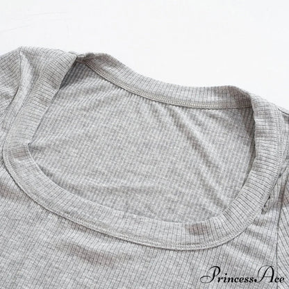 Grey Ribbed Long Charming Sleeve Crop Top