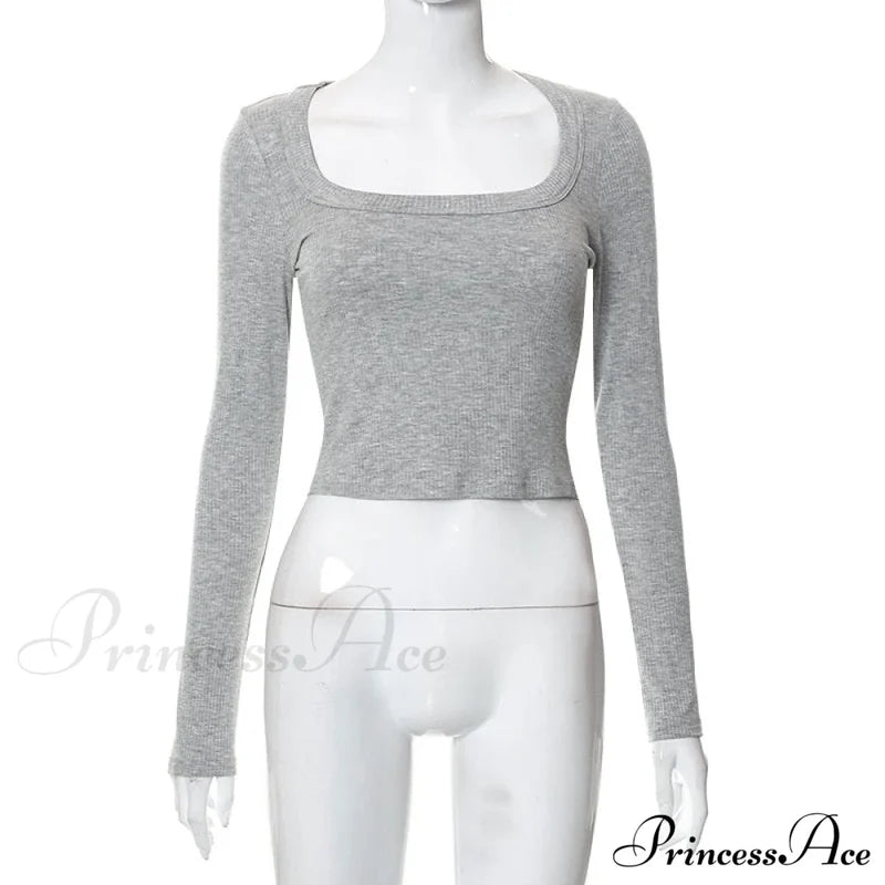 Grey Ribbed Long Charming Sleeve Crop Top