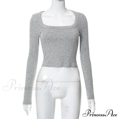 Grey Ribbed Long Charming Sleeve Crop Top