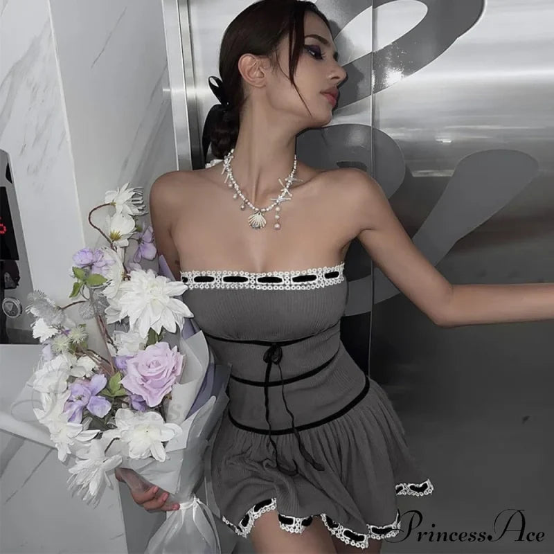 Grey Tube Lace Charming Strap Mini Dress