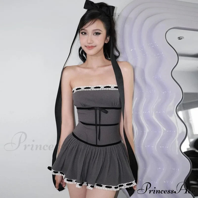 Grey Tube Lace Charming Strap Mini Dress