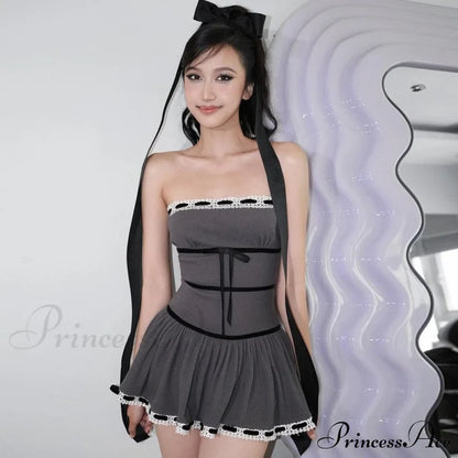 Grey Tube Lace Charming Strap Mini Dress