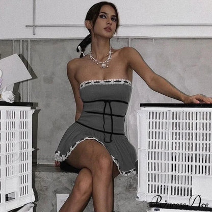 Grey Tube Lace Charming Strap Mini Dress