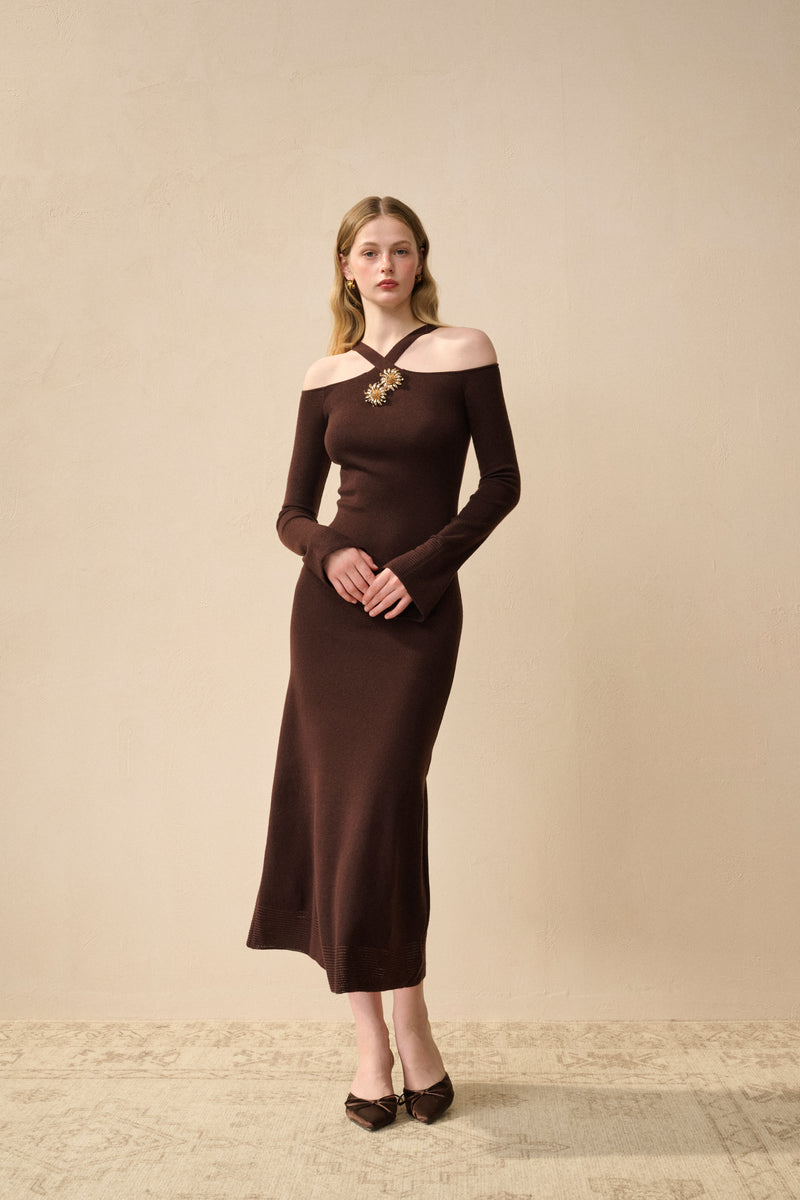 Halter-neck wool dress