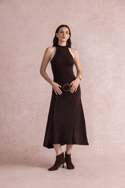 Halterneck fit and flare knit dress