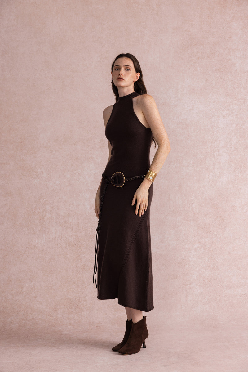 Halterneck fit and flare knit dress