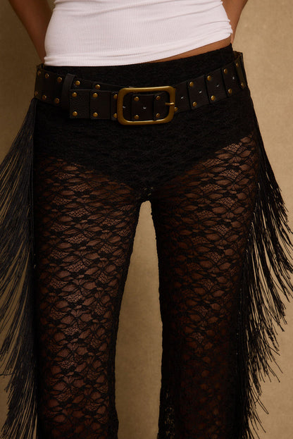 Happy Hour Black Fringe Pant styled in a complete look from an alternate angle.