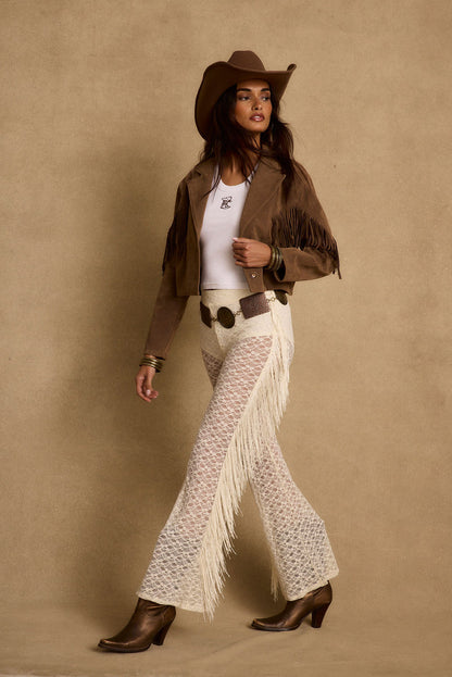 Close-up of the Happy Hour Cream Fringe Pants showcasing the fringe texture and craftsmanship.