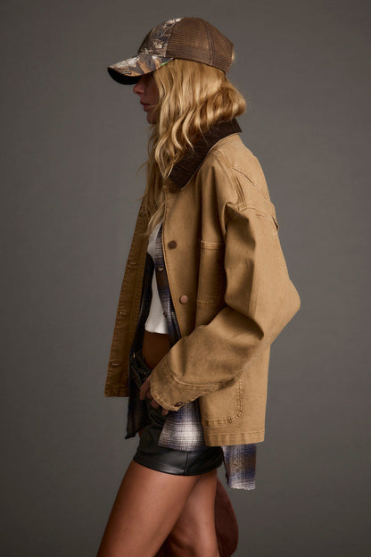 Close-up of the Harbor Khaki Barn Jacket showcasing the fabric texture and design details.