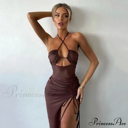 High Split Cowl Neck Open Classic Back Mini Dress - Multicolor S / Brown Party Dresses-L