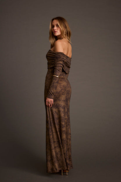 Close-up of the Hollis Mocha Blur Off the Shoulder Maxi Dress showcasing the fabric texture and design details.