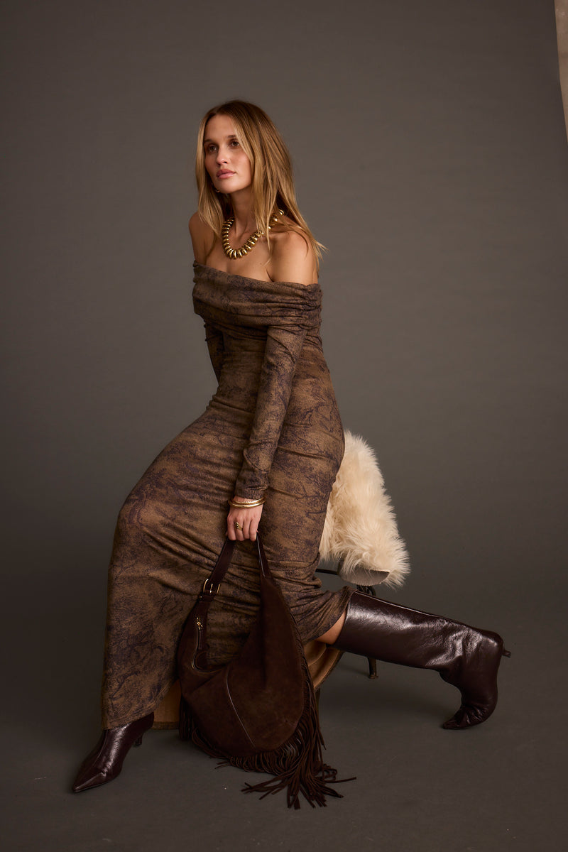Detail shot of the Hollis Mocha Blur Off the Shoulder Maxi Dress highlighting the design elements.