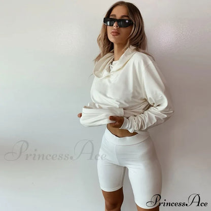Hooded Sweatshirt Biker Short Modern Matching Set - Army Green L / White Sets