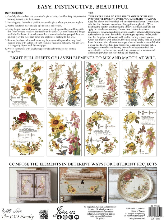 IOD Decor Transfer Flowers by the Poets 12"x16" 8-Pages Pad by Iron Orchid Designs
