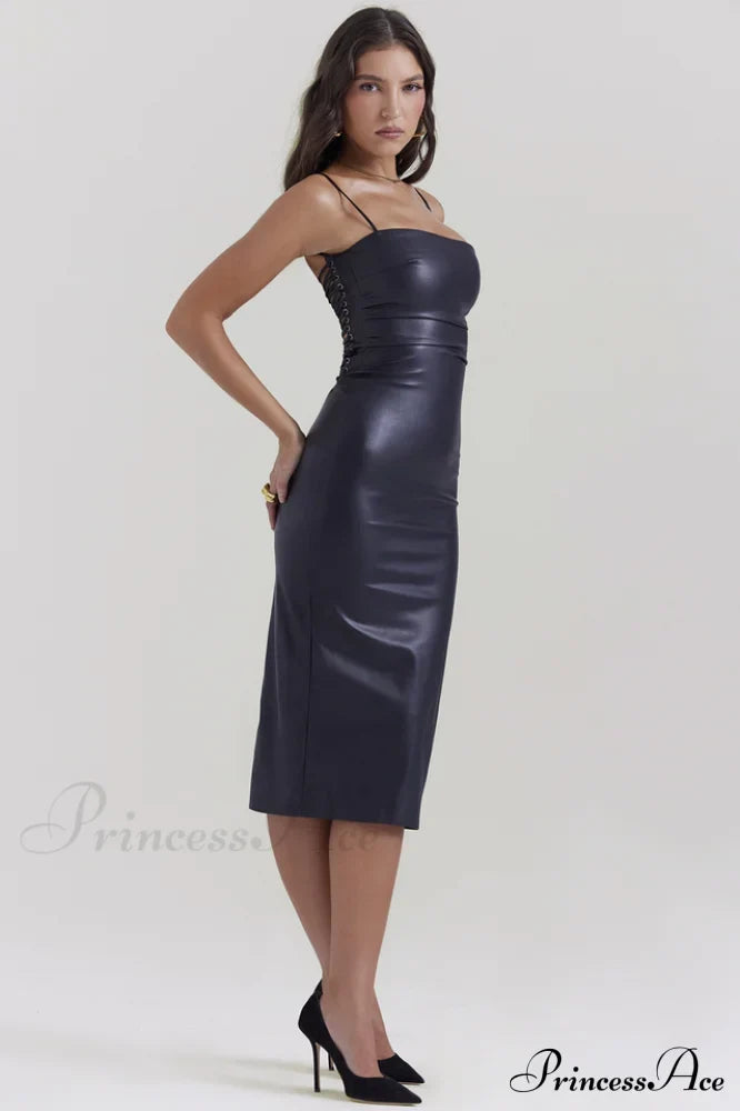 Jalena Black Stylish Leather Strappy Dress