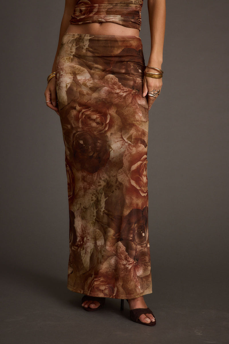 Floral mesh maxi skirt with refined accents, a lace maxi skirt essential.
