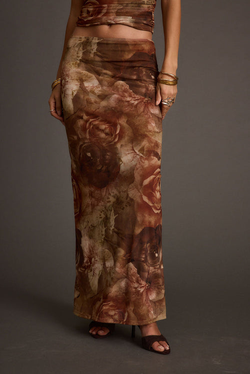 Floral mesh maxi skirt with refined accents, a lace maxi skirt essential.