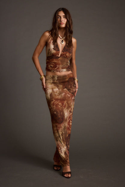 Julia Floral Mesh Maxi Skirt styled in a complete look from an alternate angle.