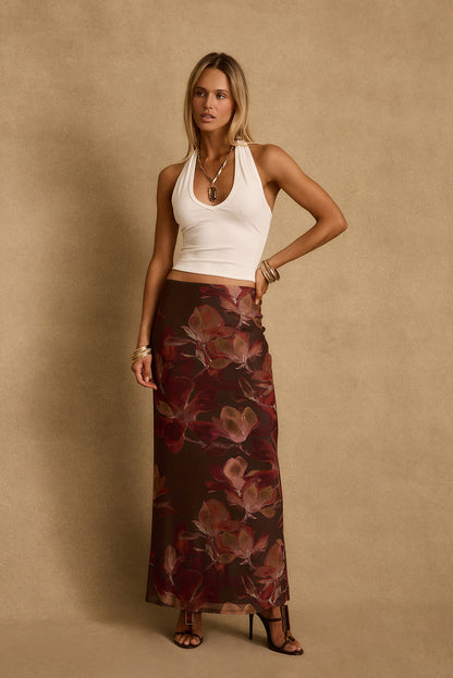 Julia Mulberry Floral Mesh Maxi Skirt