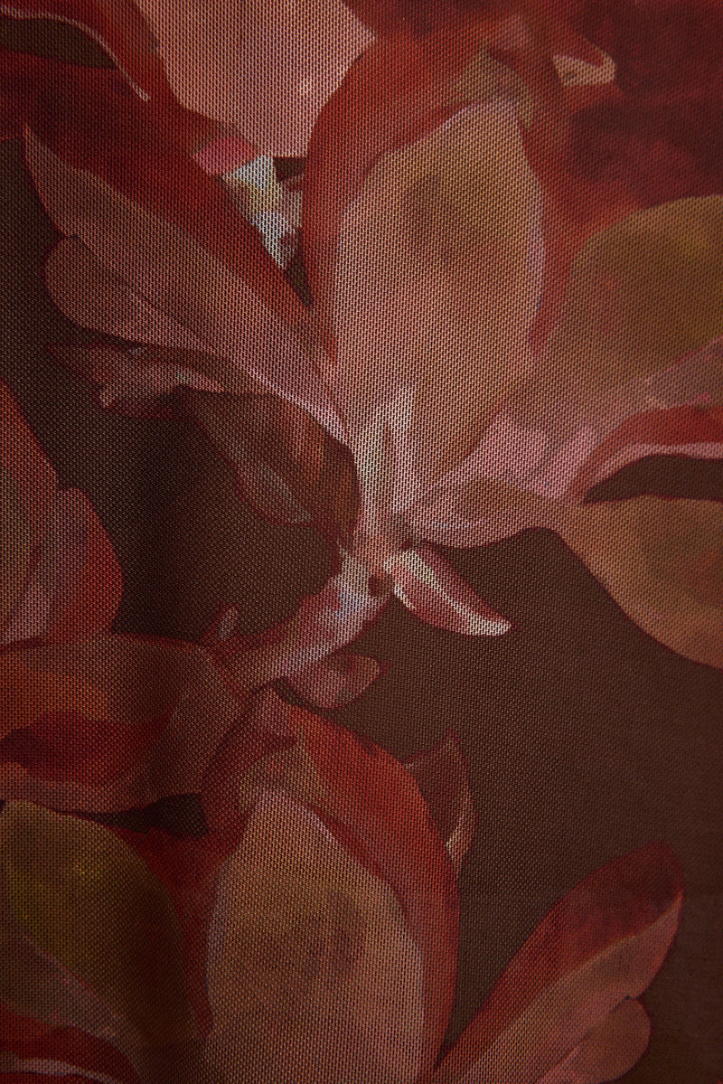 Julia Mulberry Floral Mesh Maxi Skirt shown in a complementary styling arrangement.