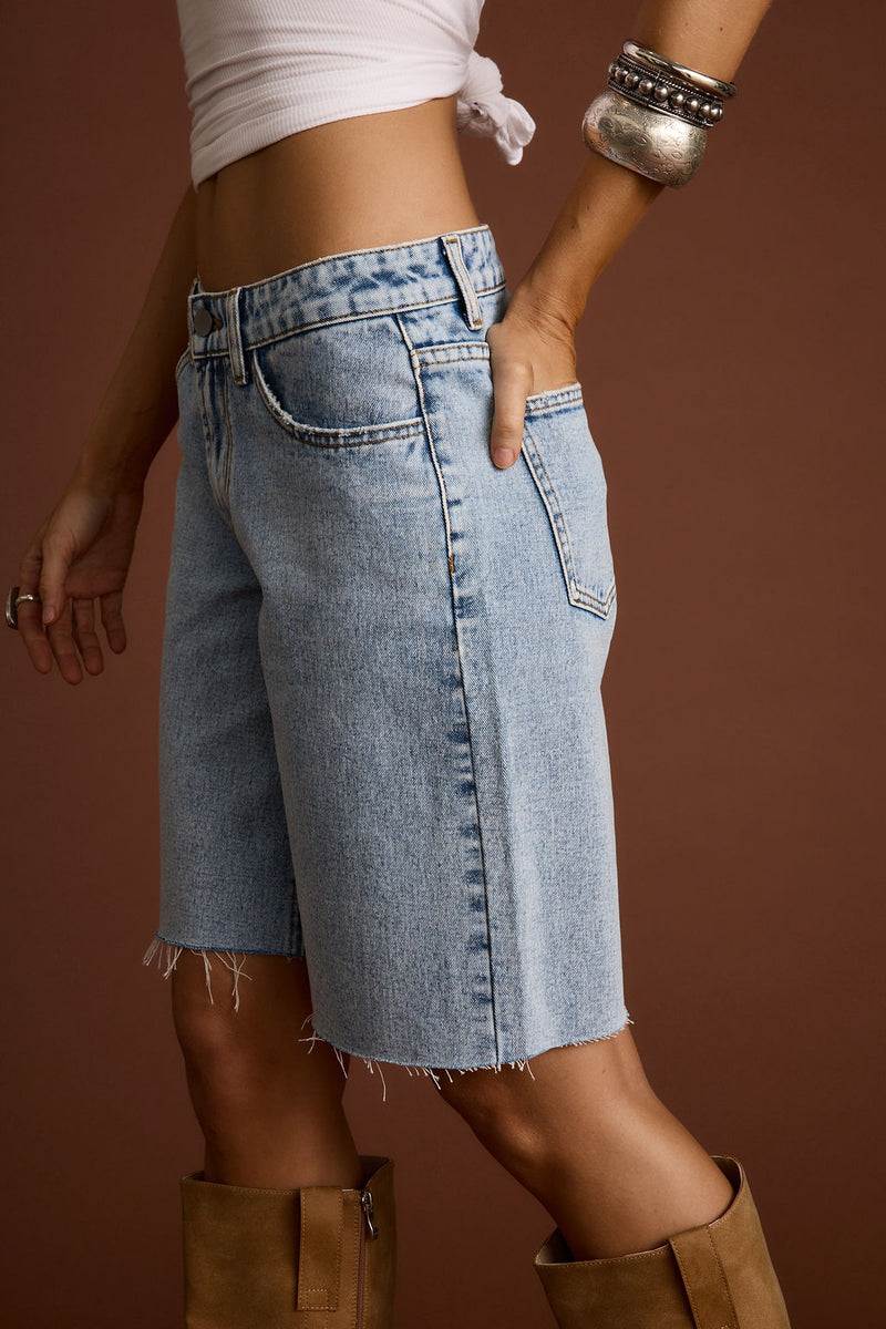 Detail shot of the Juny Denim Jean Shorts highlighting the denim elements.