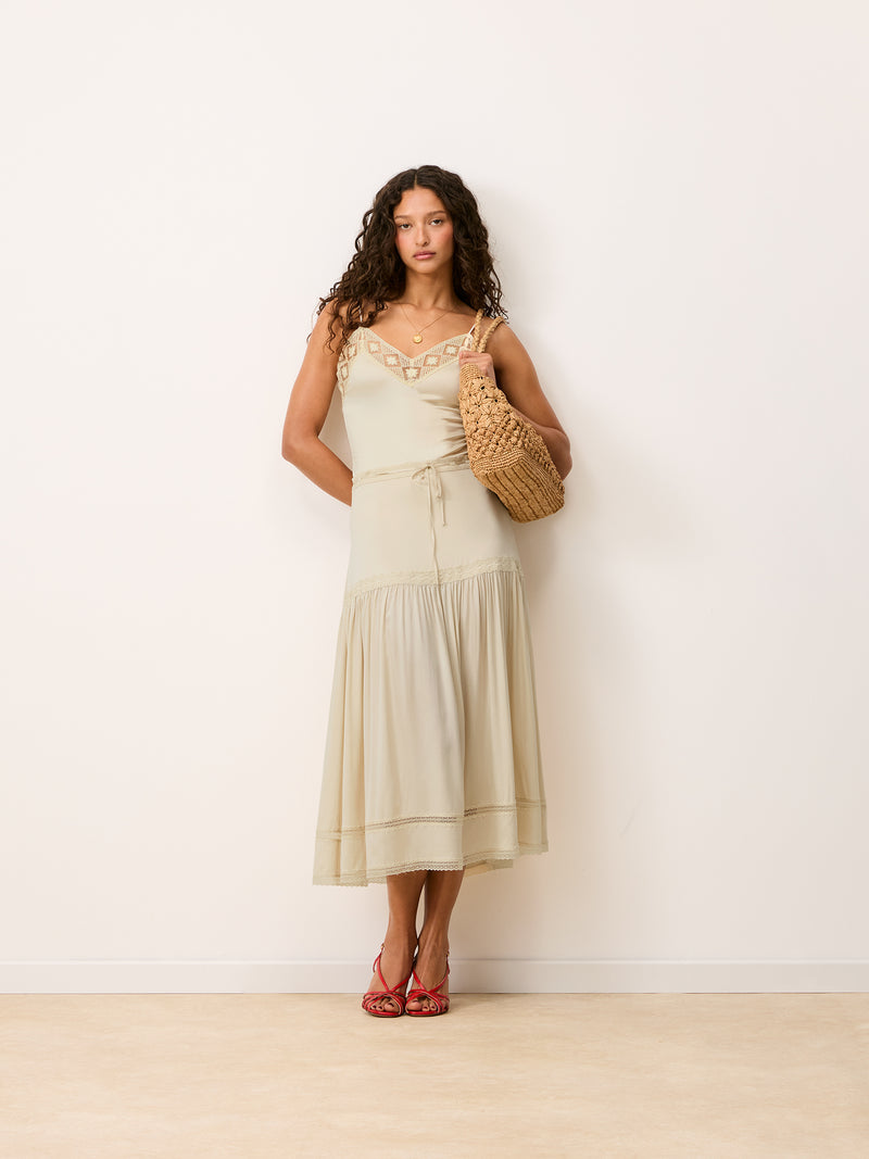 ROSEMARY cream satin and lace long skirt, front view by Rouje
