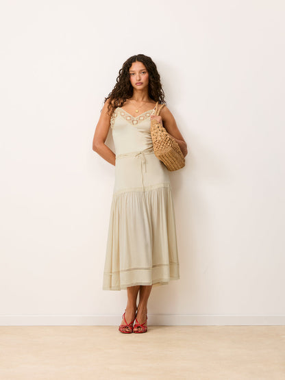 ROSEMARY cream satin and lace long skirt, front view by Rouje