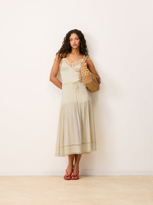 ROSEMARY cream satin and lace long skirt, front view by Rouje