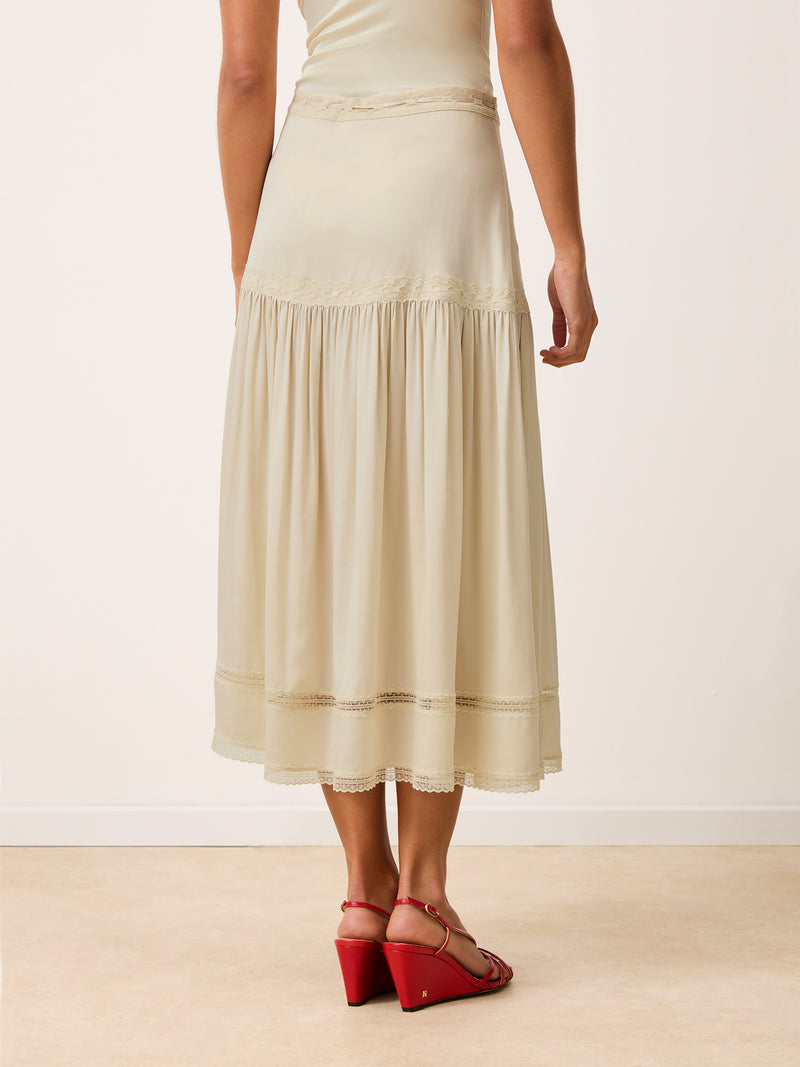 ROSEMARY cream lace and satin long skirt worn on a model by Rouje
