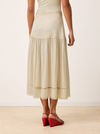 ROSEMARY cream lace and satin long skirt worn on a model by Rouje