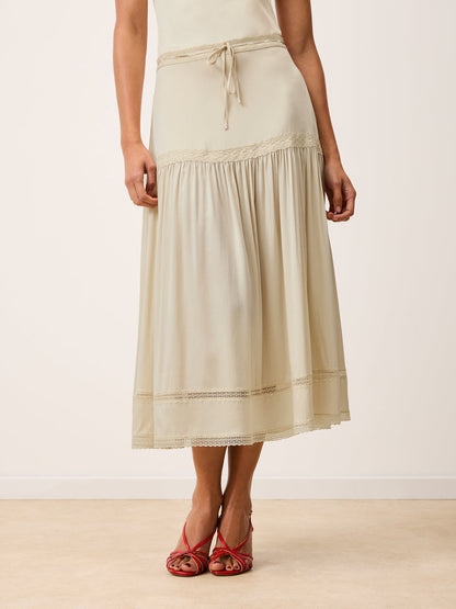 ROSEMARY cream satin skirt, detail of lace trim by Rouje
