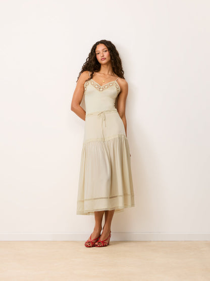 ROSEMARY cream satin and lace long skirt, 3/4 view by Rouje