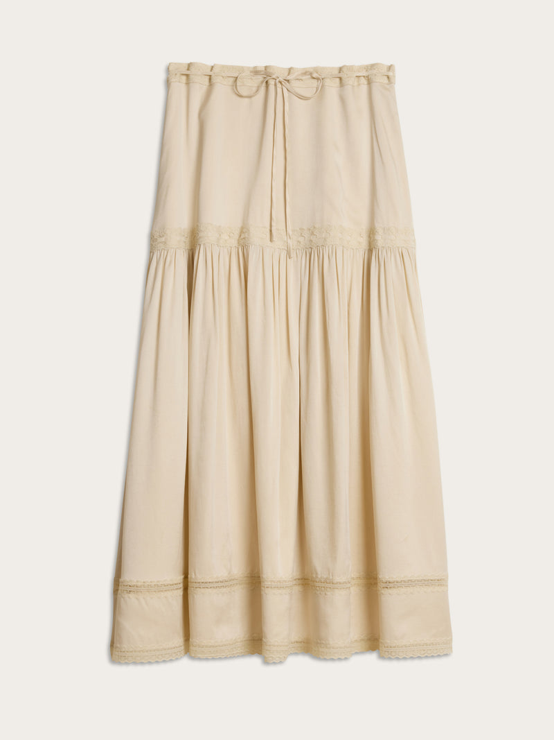 ROSEMARY cream satin and lace long skirt, flat packshot by Rouje