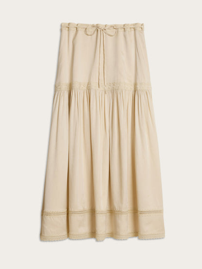 ROSEMARY cream satin and lace long skirt, flat packshot by Rouje