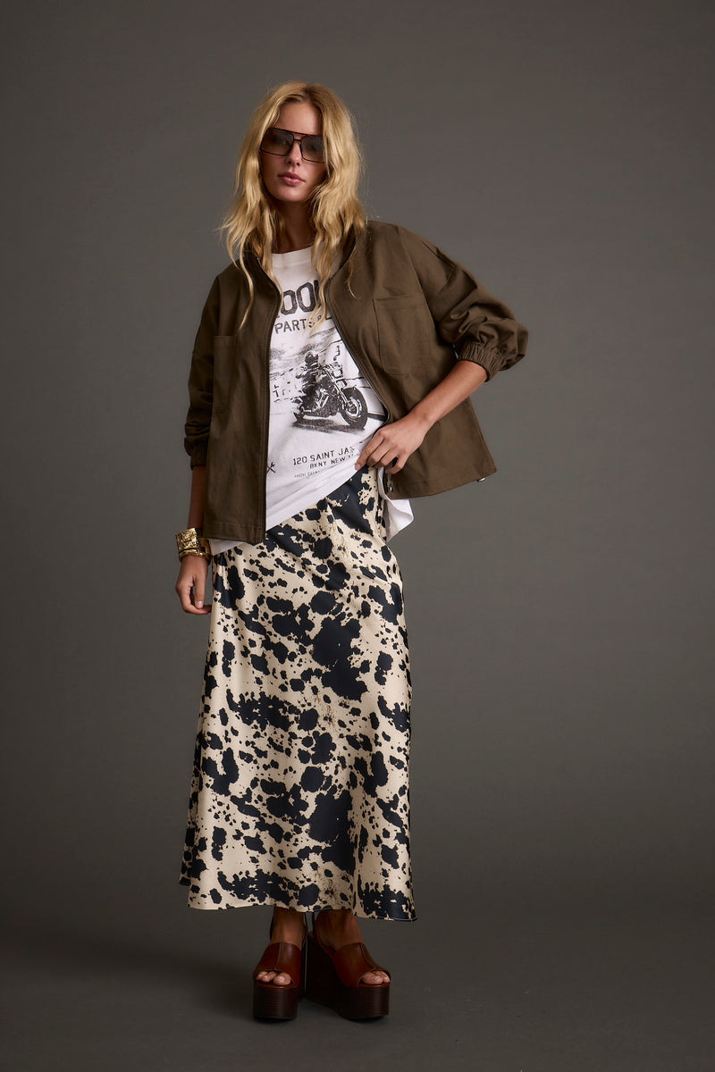 Kacey Cowhide Maxi Skirt styled in a complete look from an alternate angle.