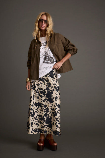 Kacey Cowhide Maxi Skirt styled in a complete look from an alternate angle.