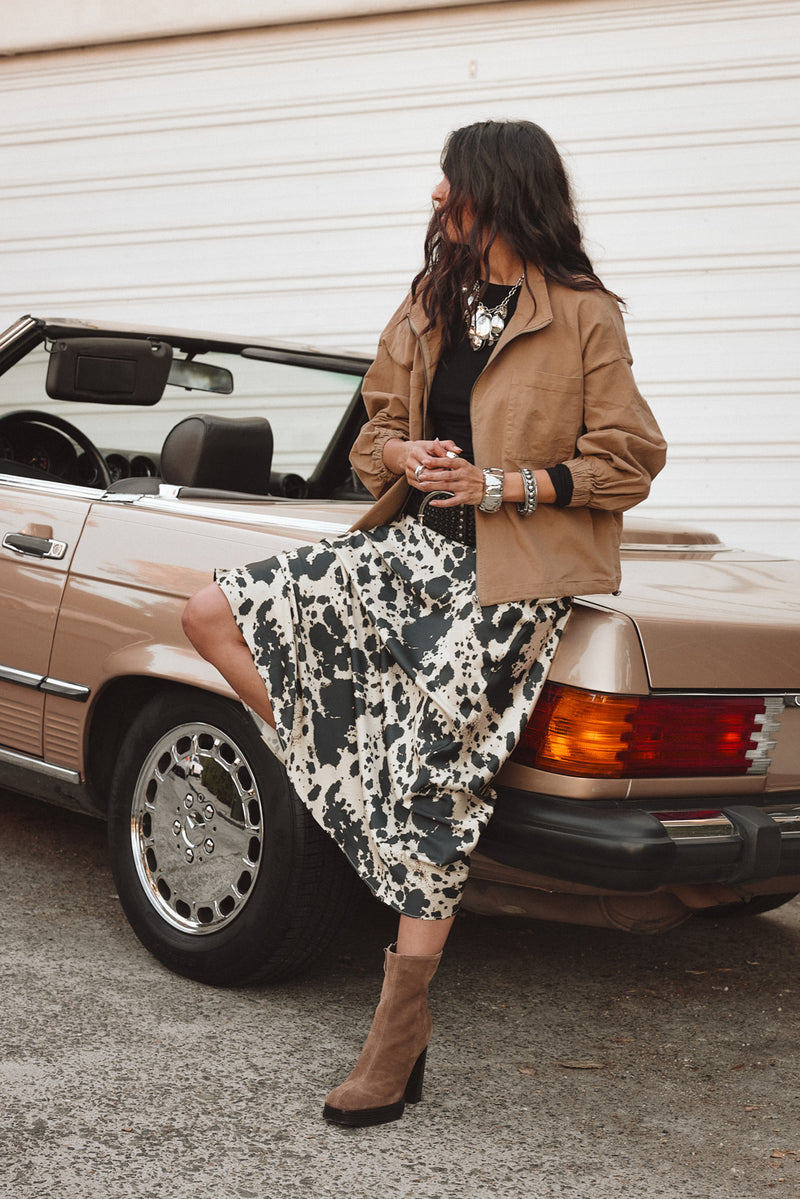 Detail shot of the Kacey Cowhide Maxi Skirt highlighting the design elements.