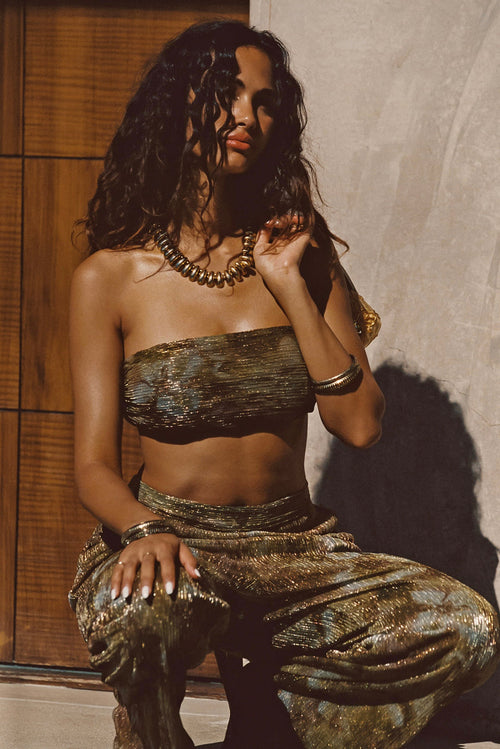 Kaia Moss Metallic Floral Pants paired with complementary accessories for a polished look.